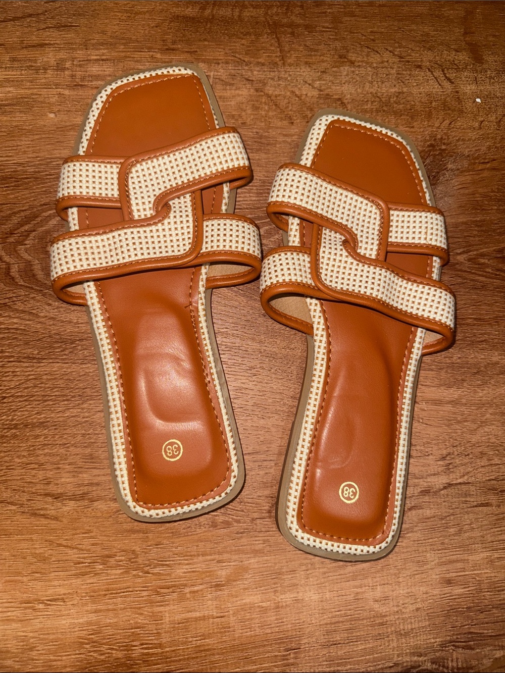Tan and White Perforated H-Strap Flat Slide Sandals - Size 38 (US 7.5/8)